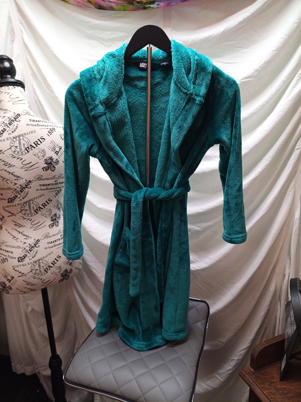 Lands' End Kids Teal Plush Hooded Bathrobe with Pockets